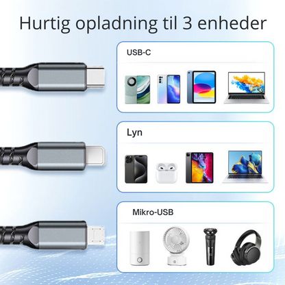 EnergiForbindelse | Det ultimative 3-i-1 flettede USB-hurtigladekabel