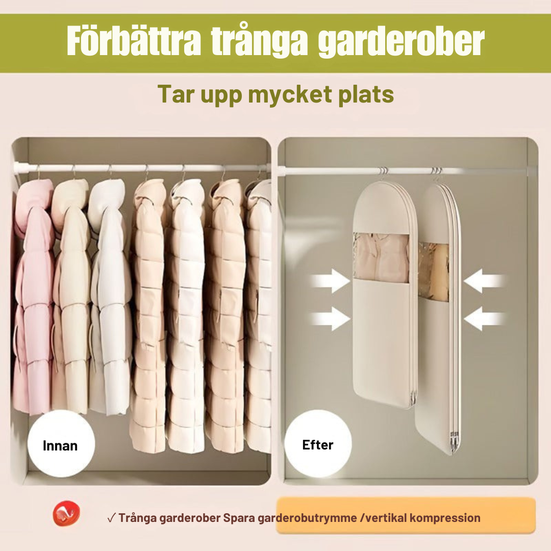 SpaceSaver | Pladsbesparende hængende tøjpose med selvkomprimerende lynlås