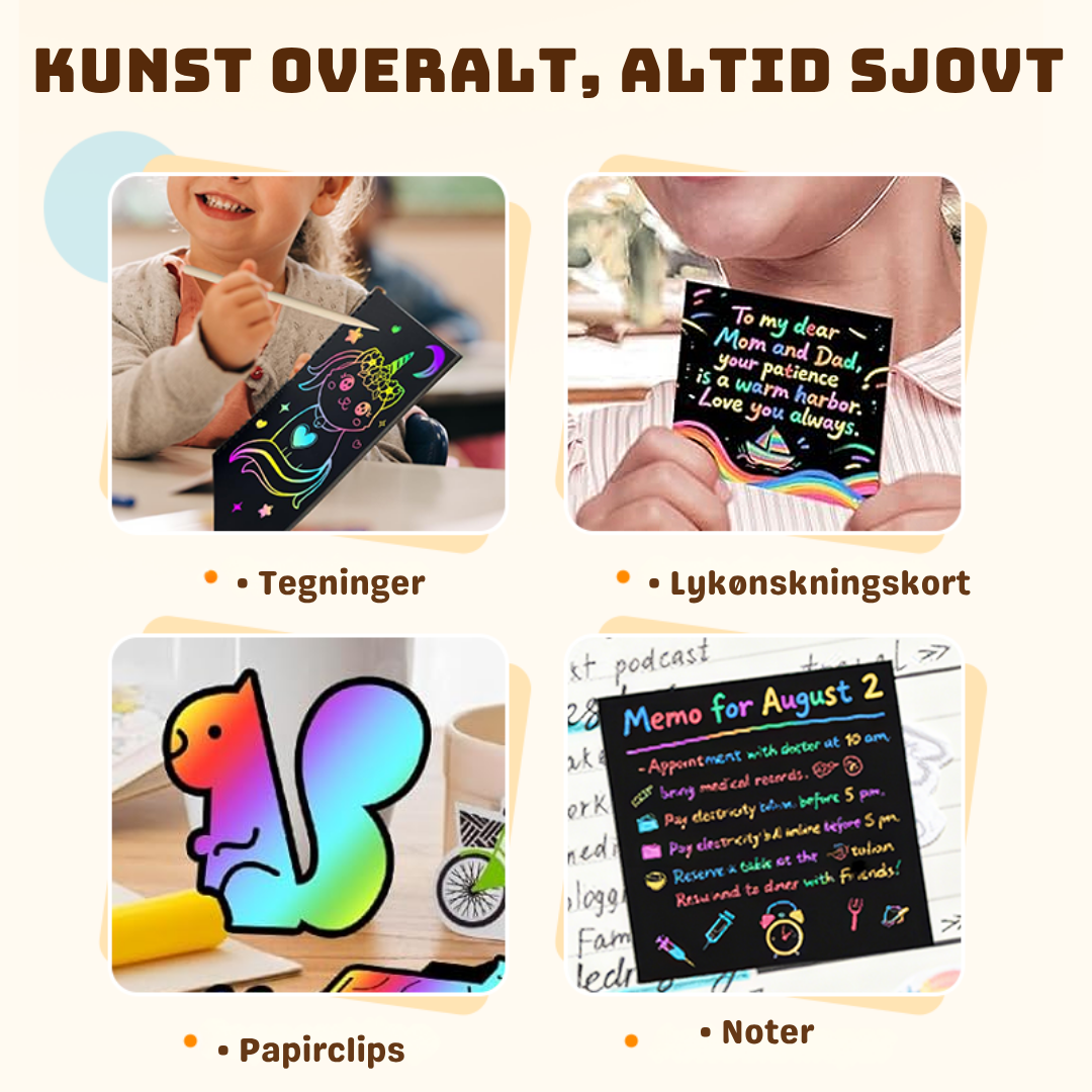 RegnbueKunst | Regnbuens magiske skrabepapir med træpen